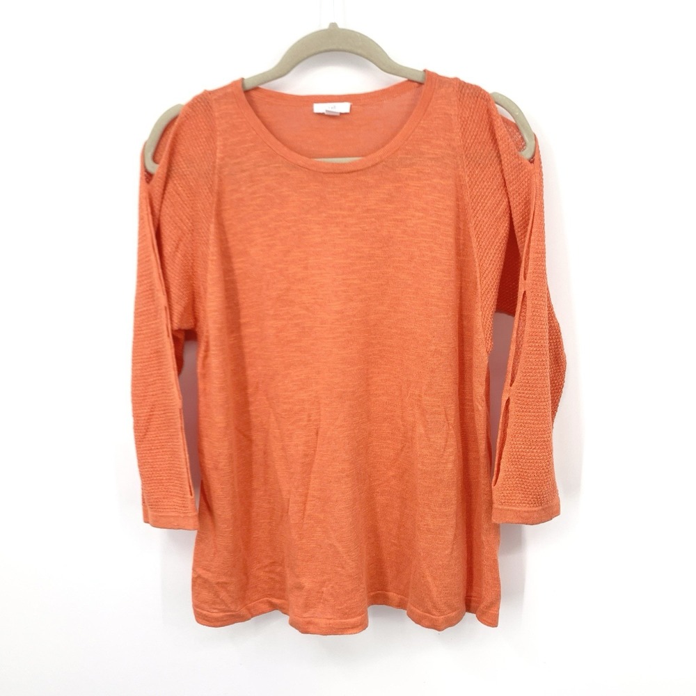 J Jill Women Size Medium Sweater 3/4 Sleeve Shirt Top Orange Linen Thin‎ Knit